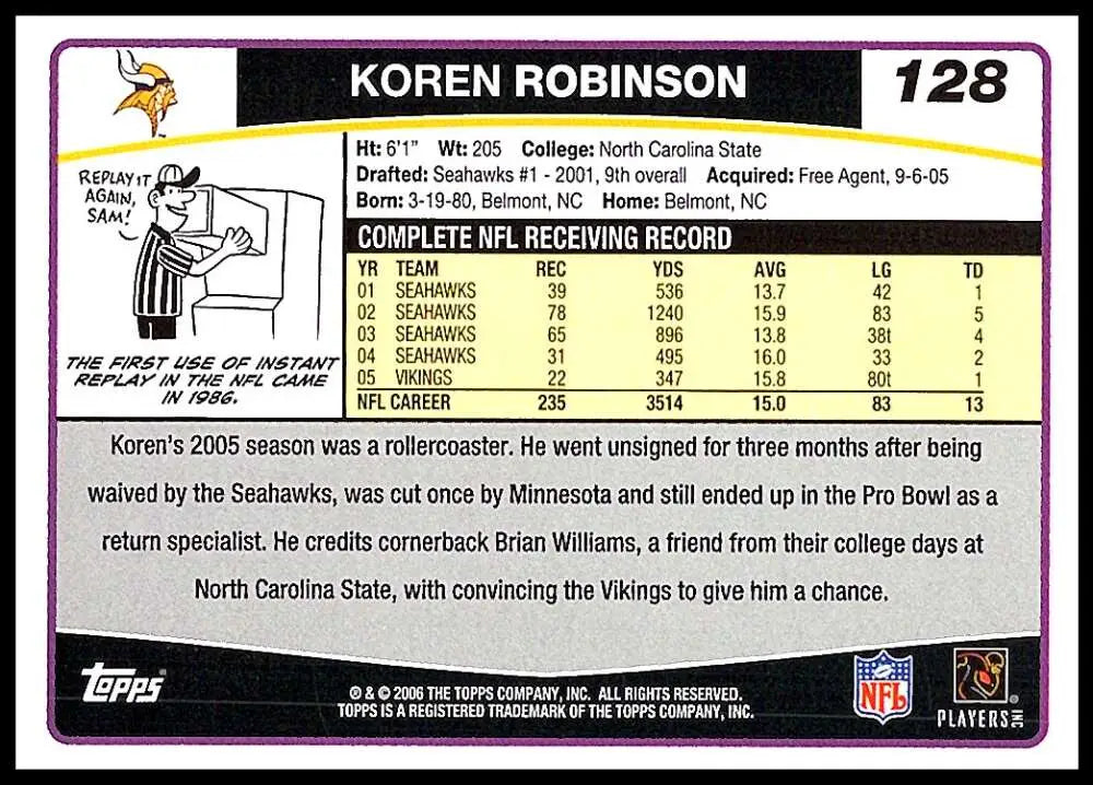 2006 Topps #128 Koren Robinson NM-MT Minnesota Vikings Football Card - Football Card Single