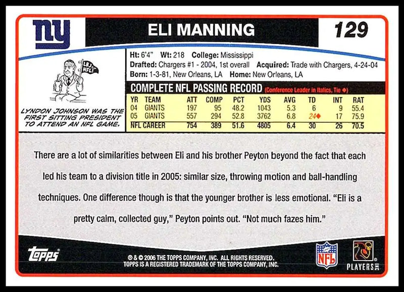 2006 Topps #129 Eli Manning NM-MT New York Giants Football Card - Football Card Single