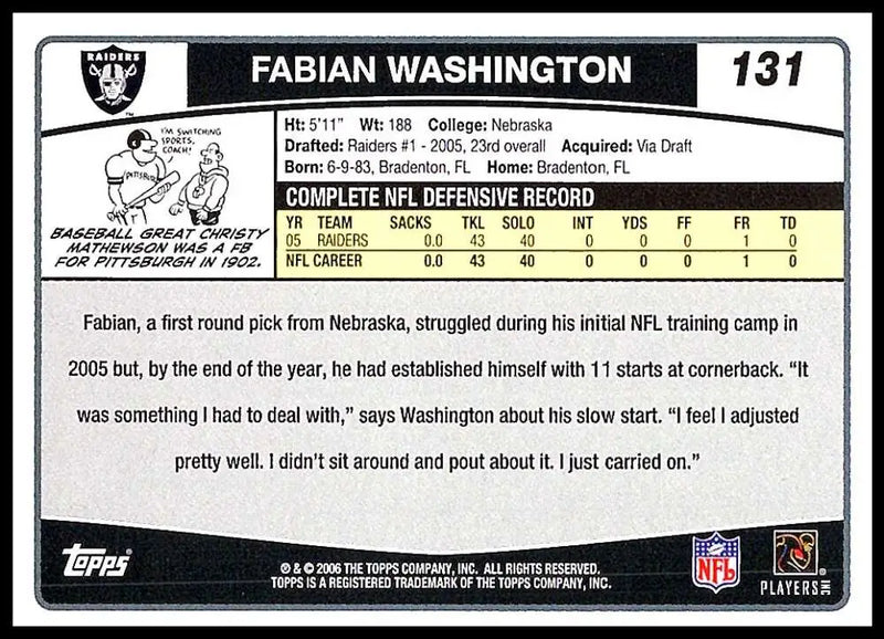 2006 Topps #131 Fabian Washington NM-MT Oakland Raiders Football Card - Football Card Single