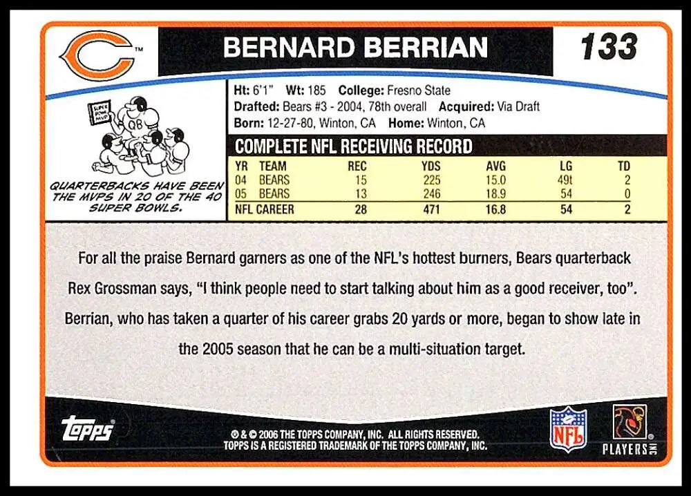 2006 Topps #133 Bernard Berrian NM-MT Chicago Bears Football Card - Football Card Single