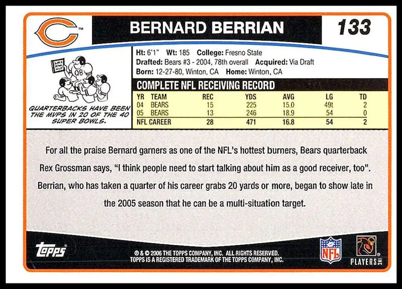 2006 Topps #133 Bernard Berrian NM-MT Chicago Bears Football Card - Football Card Single