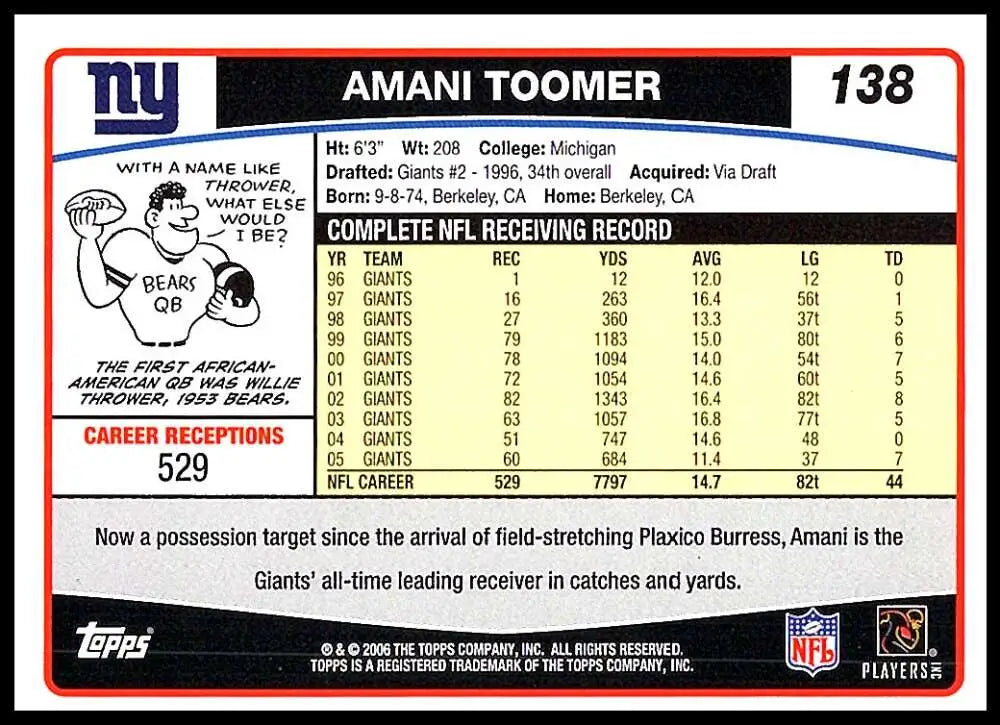 2006 Topps #138 Amani Toomer NM-MT New York Giants Football Card - Football Card Single