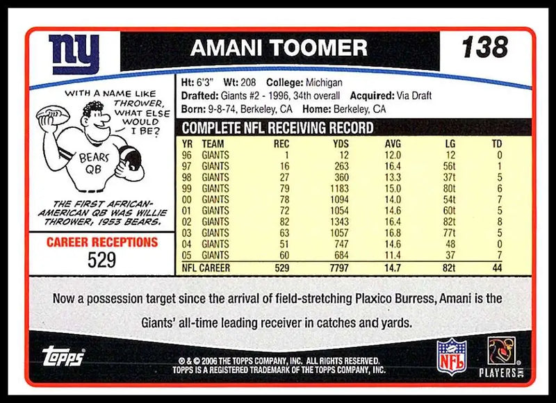 2006 Topps #138 Amani Toomer NM-MT New York Giants Football Card - Football Card Single