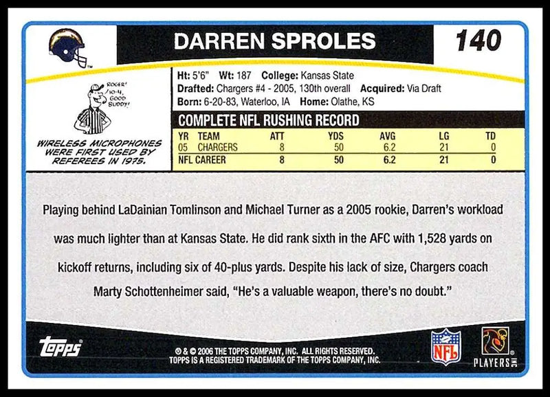 2006 Topps #140 Darren Sproles NM-MT San Diego Chargers Football Card - Football Card Single