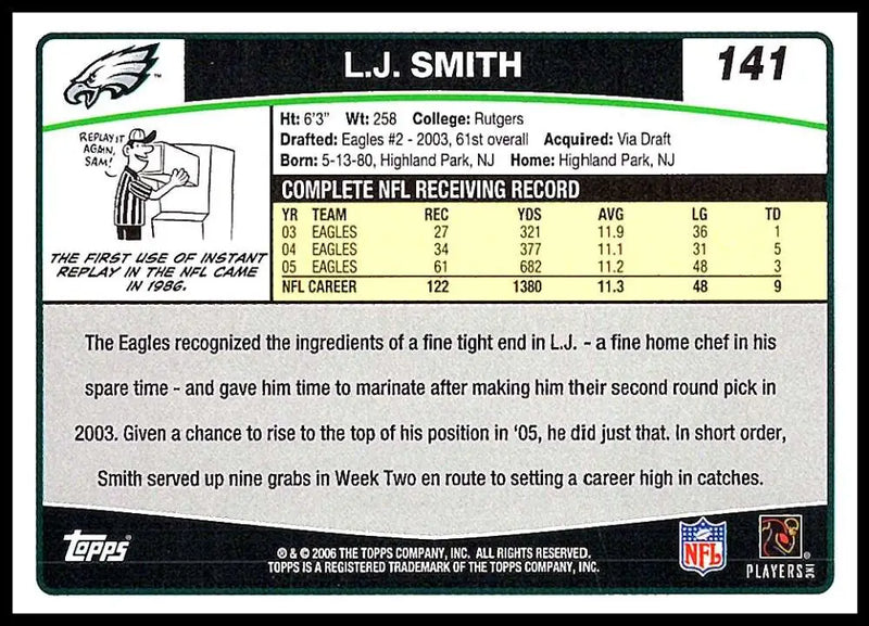 2006 Topps #141 L.J. Smith NM-MT Philadelphia Eagles Football Card - Football Card Single