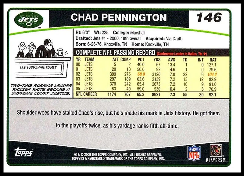 2006 Topps #146 Chad Pennington NM-MT New York Jets Football Card - Football Card Single