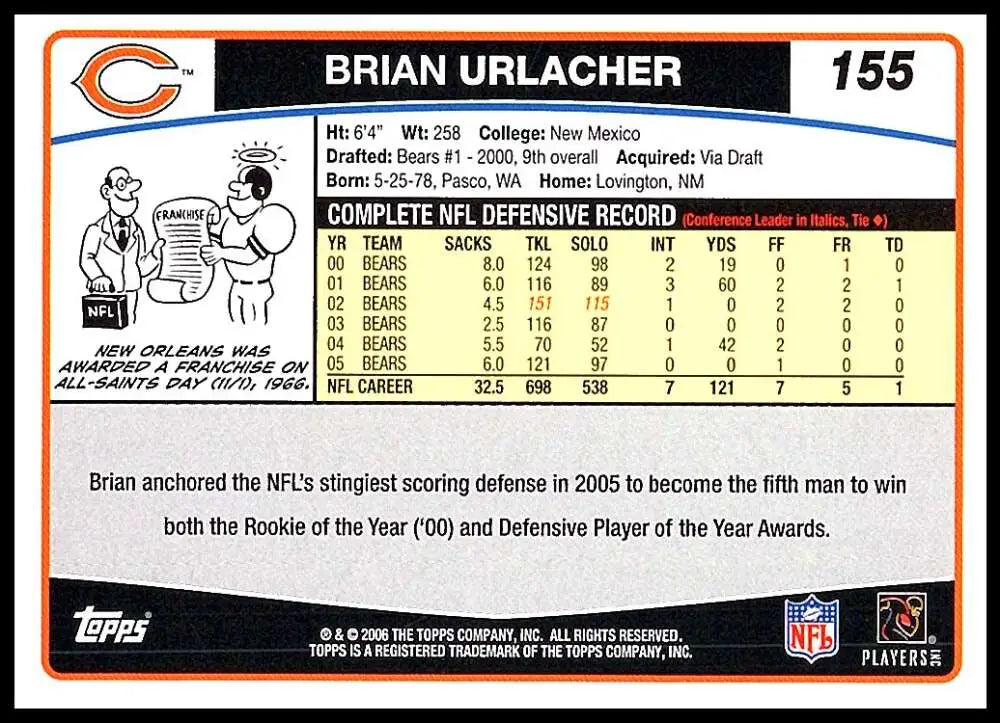 2006 Topps #155 Brian Urlacher NM-MT Chicago Bears Football Card - Football Card Single