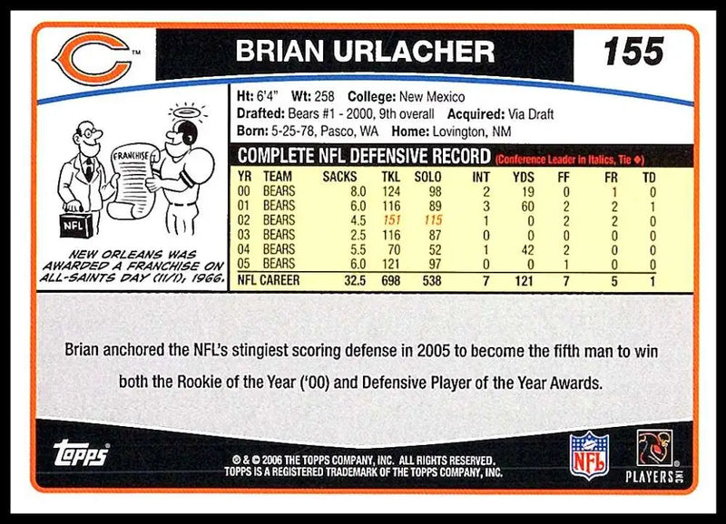 2006 Topps #155 Brian Urlacher NM-MT Chicago Bears Football Card - Football Card Single