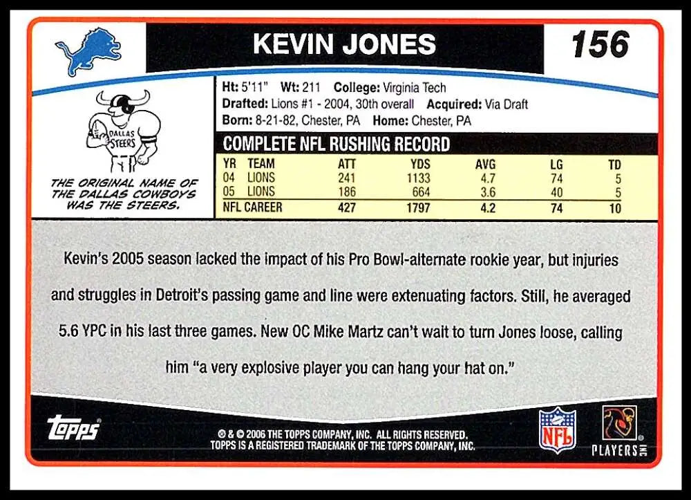 2006 Topps #156 Kevin Jones NM-MT Detroit Lions Football Card - Football Card Single