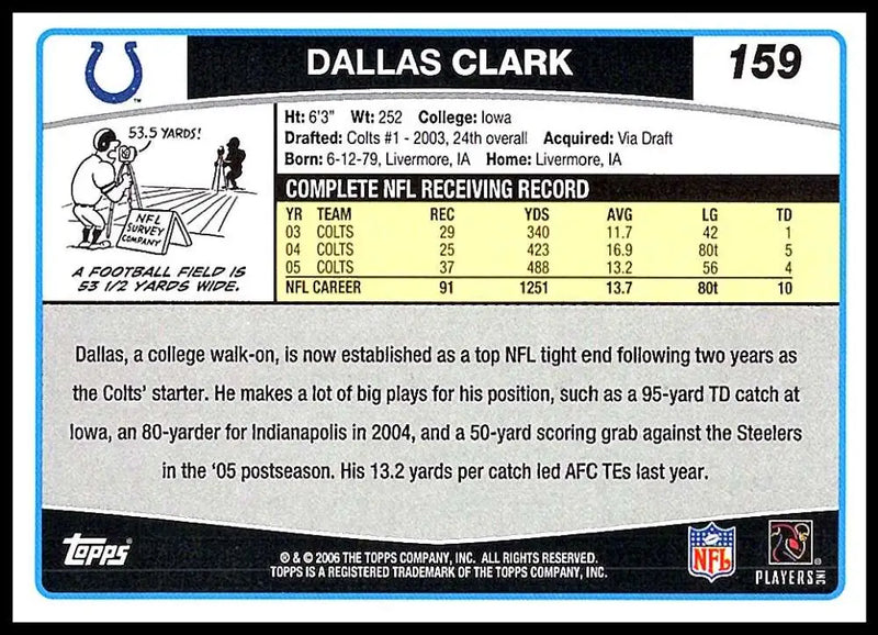 2006 Topps #159 Dallas Clark NM-MT Indianapolis Colts Football Card - Football Card Single