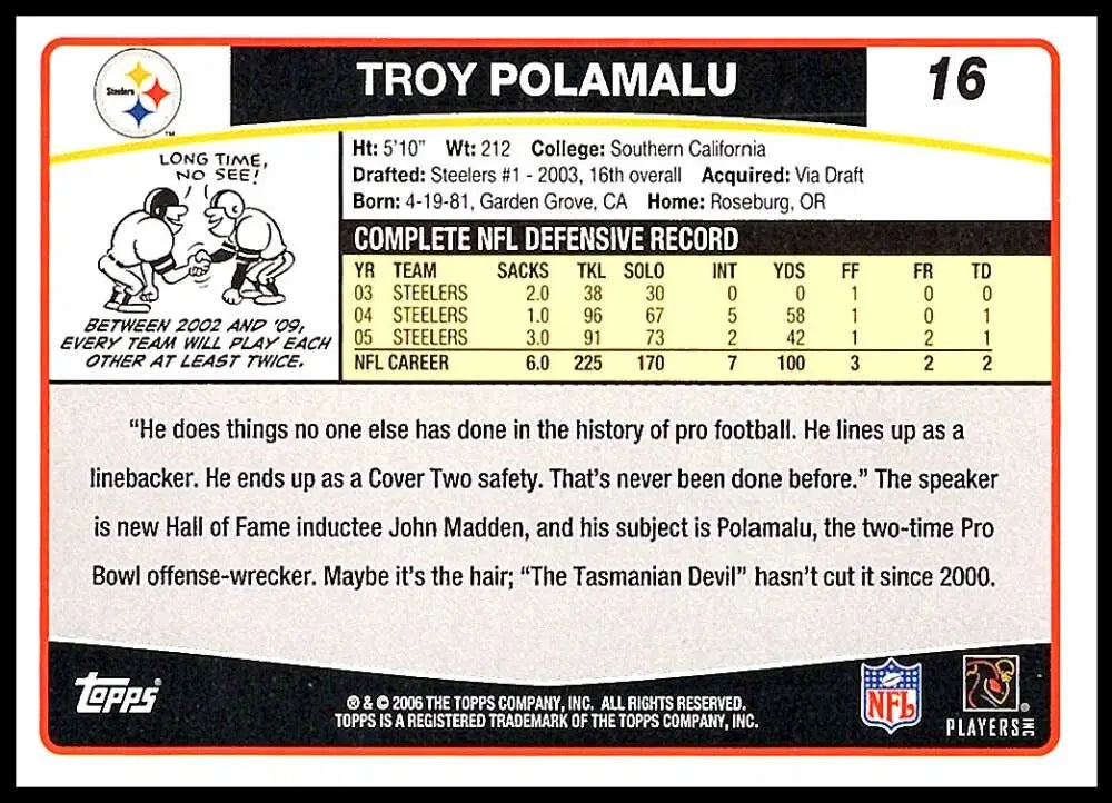2006 Topps #16 Troy Polamalu NM-MT Pittsburgh Steelers Football Card - Football Card Single