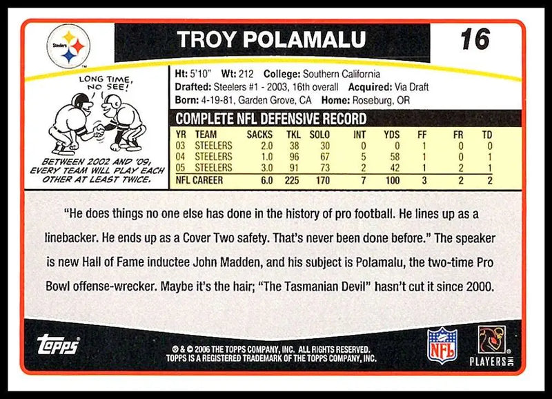2006 Topps #16 Troy Polamalu NM-MT Pittsburgh Steelers Football Card - Football Card Single