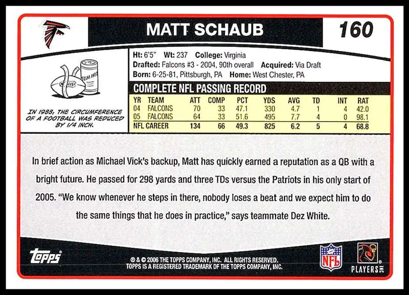 2006 Topps #160 Matt Schaub NM-MT Atlanta Falcons Football Card - Football Card Single