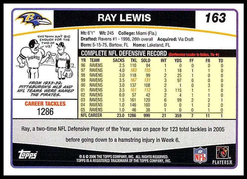 2006 Topps #163 Ray Lewis NM-MT Baltimore Ravens Football Card - Football Card Single