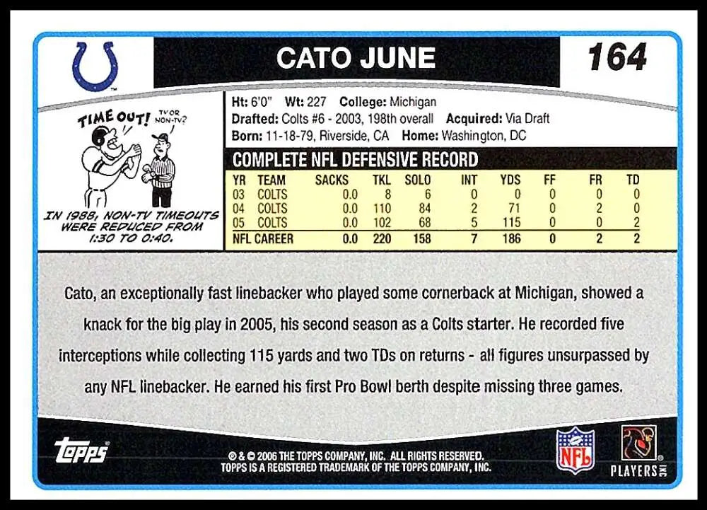2006 Topps #164 Cato June NM-MT Indianapolis Colts Football Card - Football Card Single
