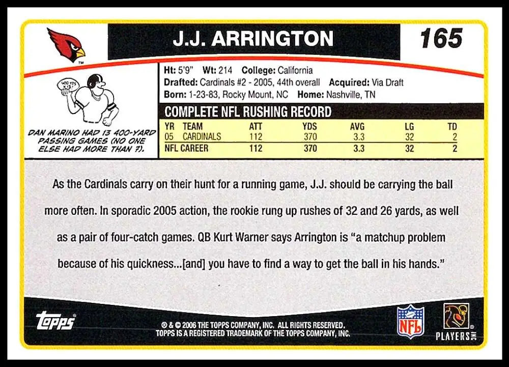 2006 Topps #165 J.J. Arrington NM-MT Arizona Cardinals Football Card - Football Card Single
