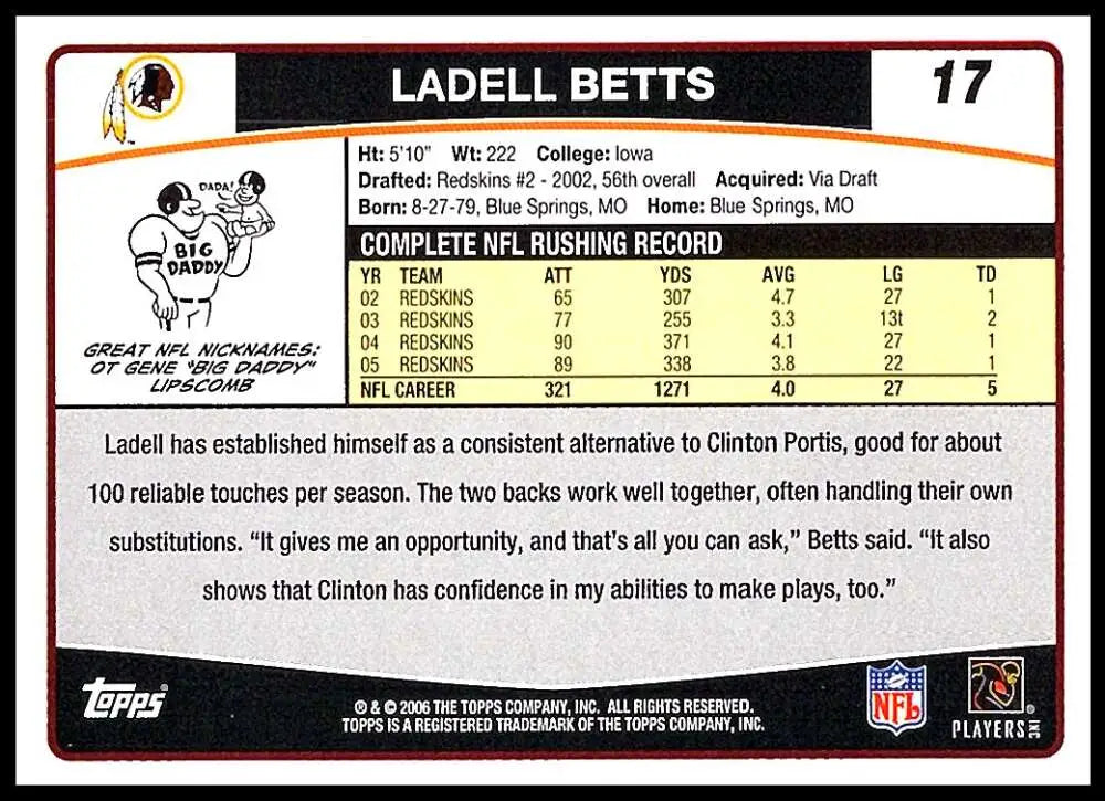 2006 Topps #17 Ladell Betts NM-MT Washington Redskins Football Card - Football Card Single