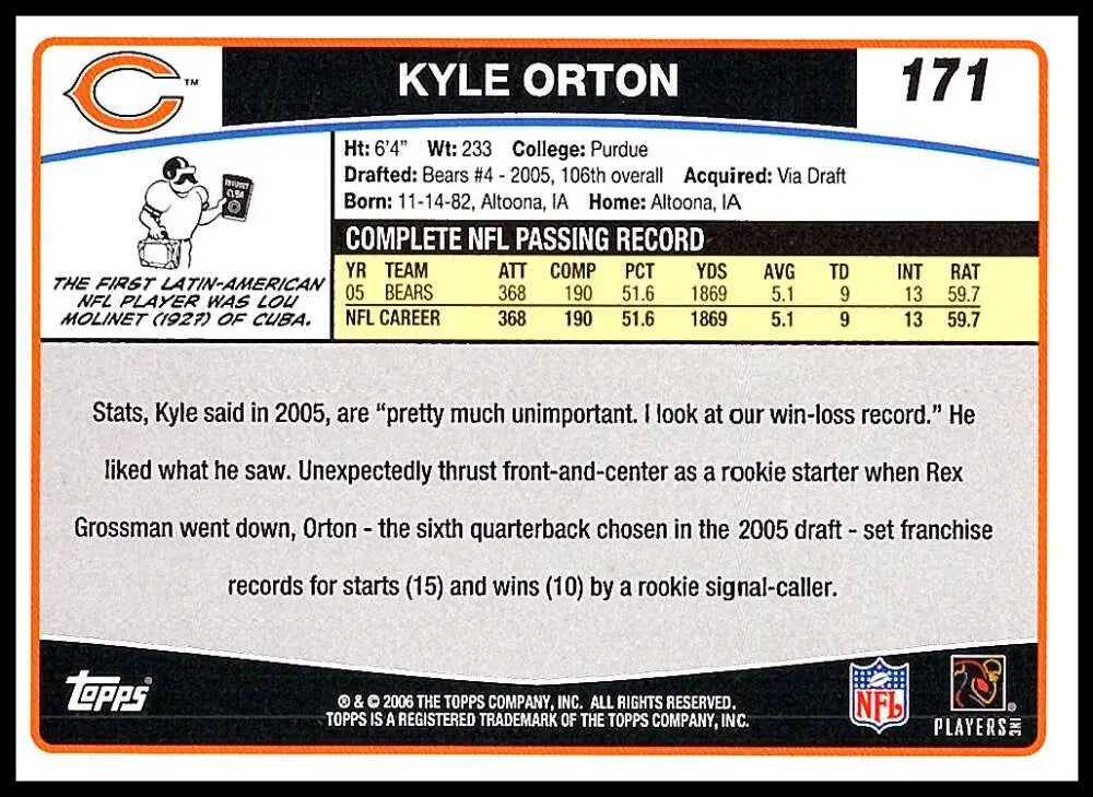 2006 Topps #171 Kyle Orton NM-MT Chicago Bears Football Card - Football Card Single