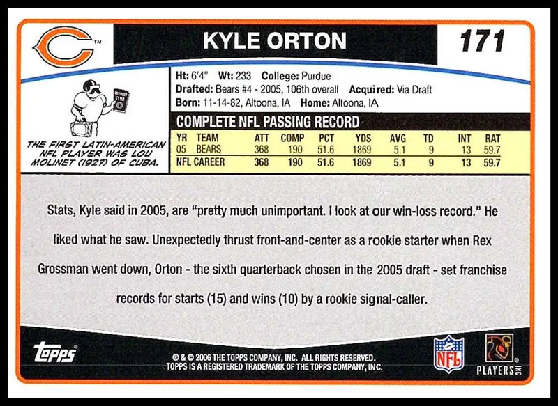 2006 Topps #171 Kyle Orton NM-MT Chicago Bears Football Card - Football Card Single