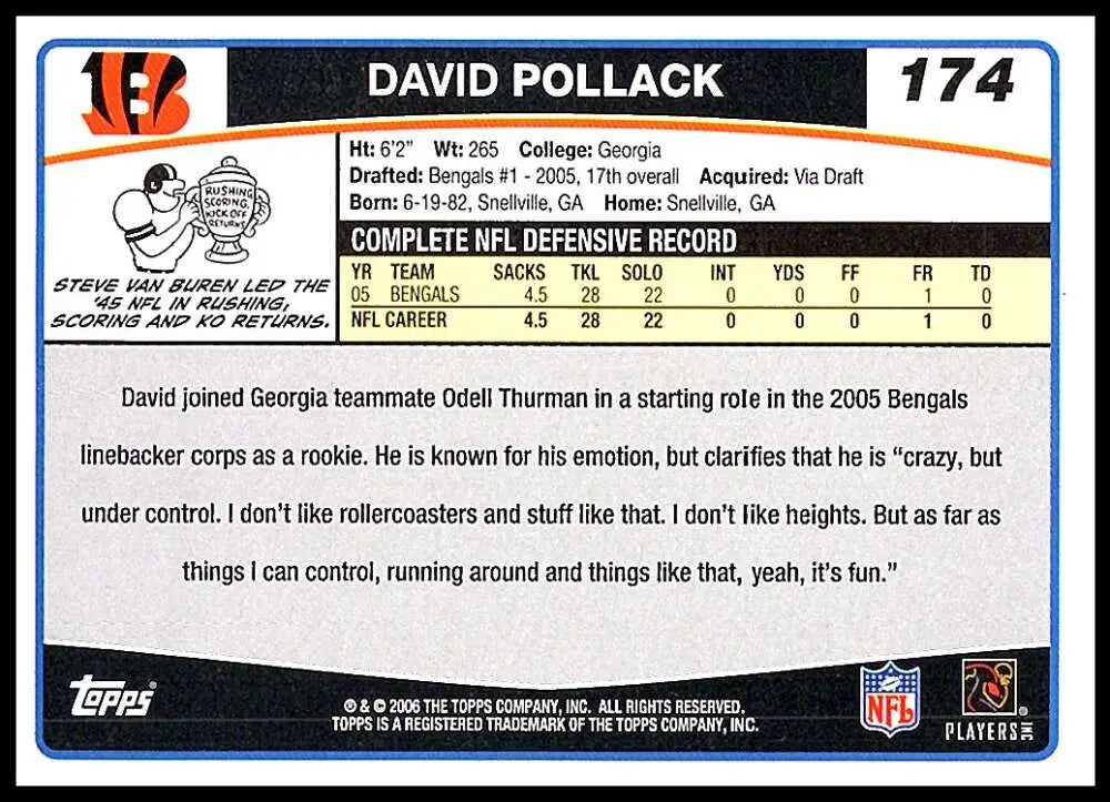 2006 Topps #174 David Pollack NM-MT Cincinnati Bengals Football Card - Football Card Single