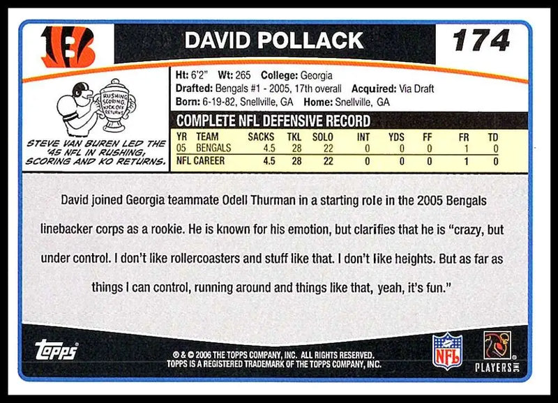 2006 Topps #174 David Pollack NM-MT Cincinnati Bengals Football Card - Football Card Single