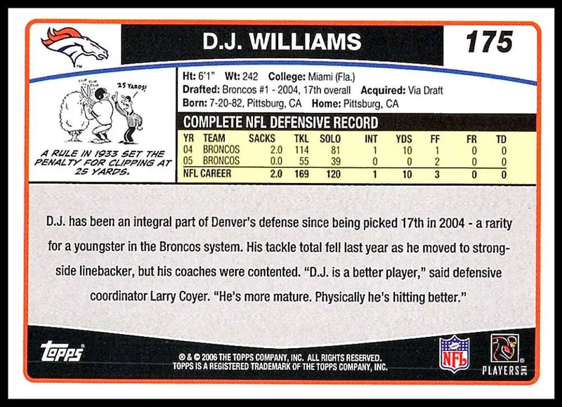 2006 Topps #175 D.J. Williams NM-MT Denver Broncos Football Card - Football Card Single