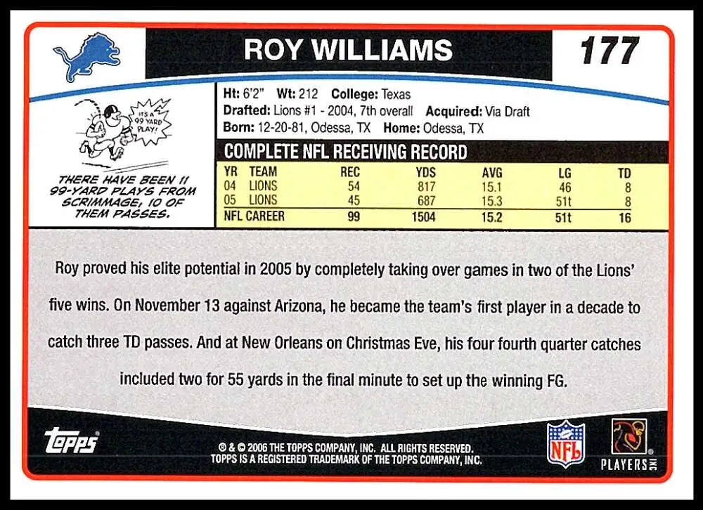 2006 Topps #177 Roy Williams NM-MT Detroit Lions Football Card - Football Card Single
