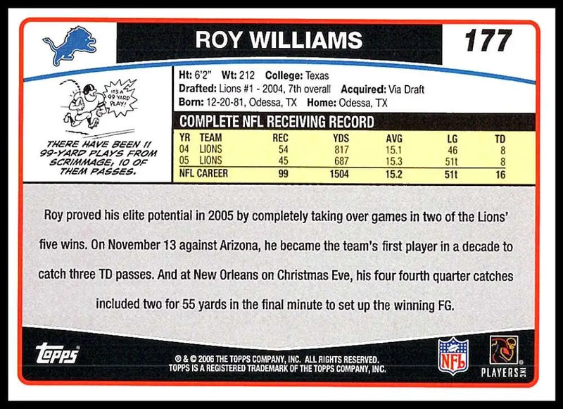 2006 Topps #177 Roy Williams NM-MT Detroit Lions Football Card - Football Card Single