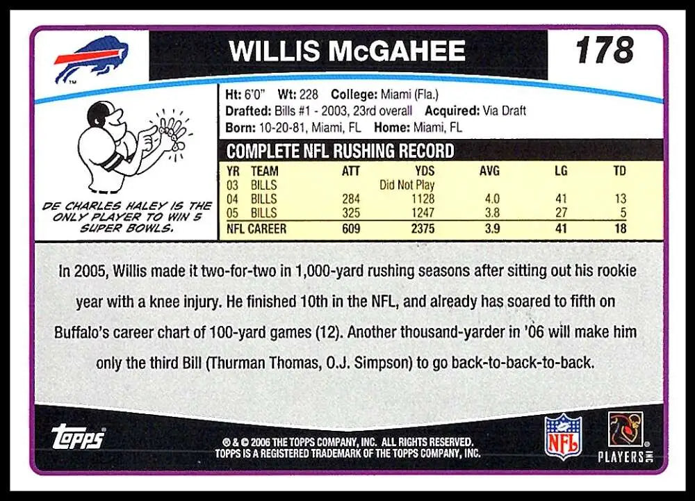 2006 Topps #178 Willis McGahee NM-MT Buffalo Bills Football Card - Football Card Single