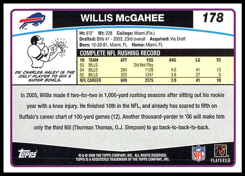2006 Topps #178 Willis McGahee NM-MT Buffalo Bills Football Card - Football Card Single