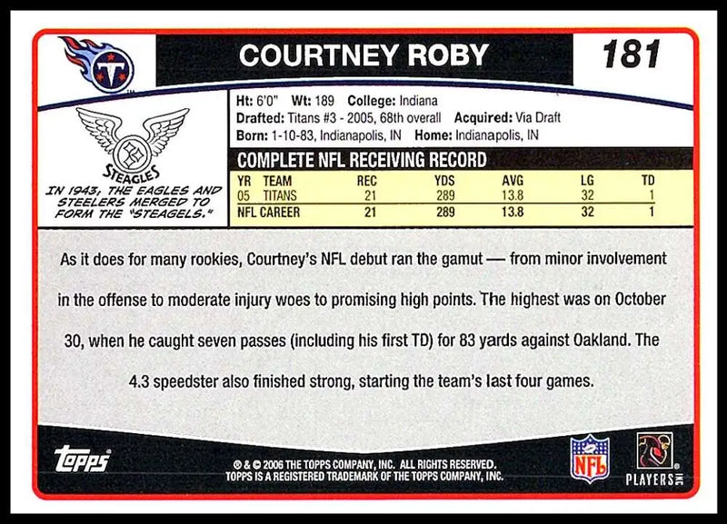 2006 Topps #181 Courtney Roby NM-MT Tennessee Titans Football Card - Football Card Single