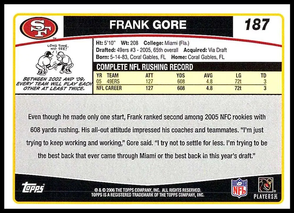 2006 Topps #187 Frank Gore NM-MT San Francisco 49ers Football Card - Football Card Single
