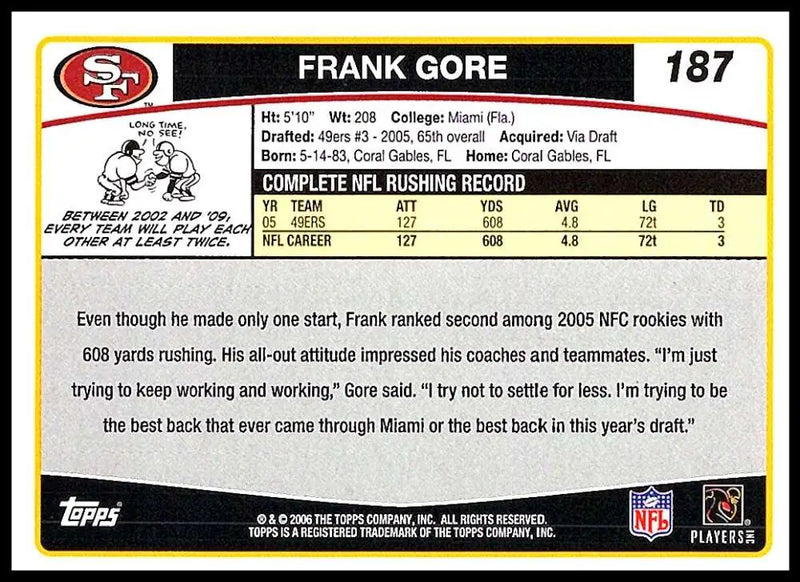 2006 Topps #187 Frank Gore NM-MT San Francisco 49ers Football Card - Football Card Single