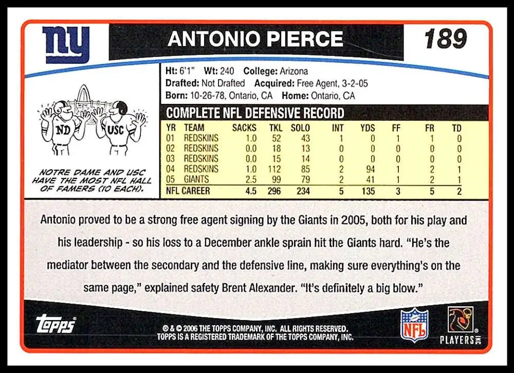 2006 Topps #189 Antonio Pierce NM-MT New York Giants Football Card - Football Card Single