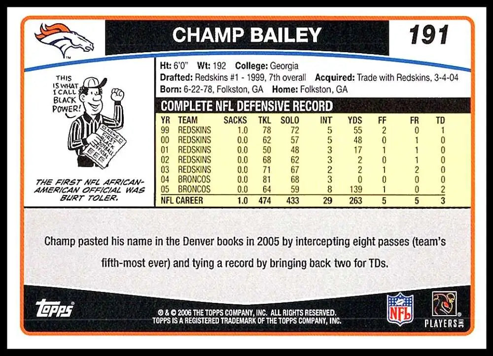 2006 Topps #191 Champ Bailey NM-MT Denver Broncos Football Card - Football Card Single