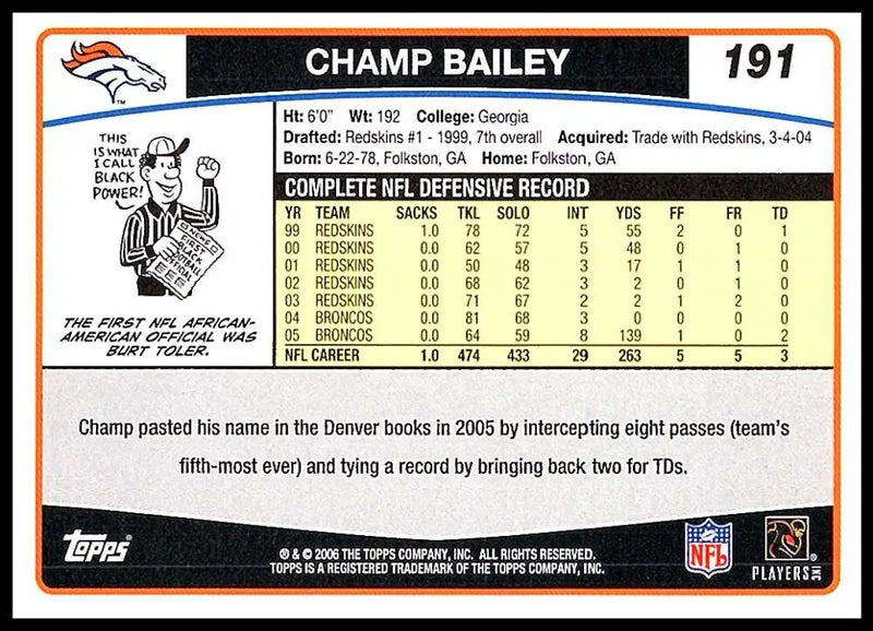 2006 Topps #191 Champ Bailey NM-MT Denver Broncos Football Card - Football Card Single