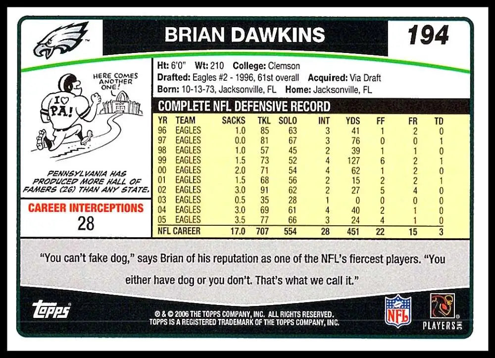2006 Topps #194 Brian Dawkins NM-MT Philadelphia Eagles Football Card - Football Card Single
