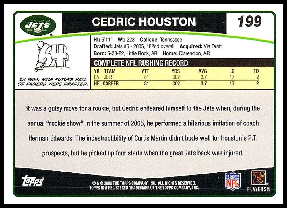 2006 Topps #199 Cedric Houston NM-MT New York Jets Football Card - Football Card Single