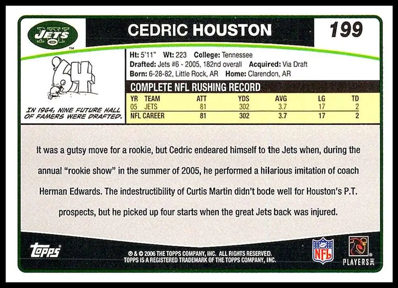 2006 Topps #199 Cedric Houston NM-MT New York Jets Football Card - Football Card Single