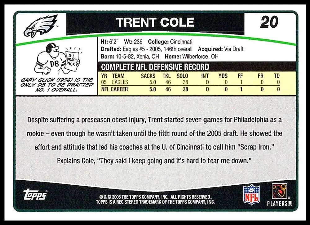 2006 Topps #20 Trent Cole NM-MT Philadelphia Eagles Football Card - Football Card Single