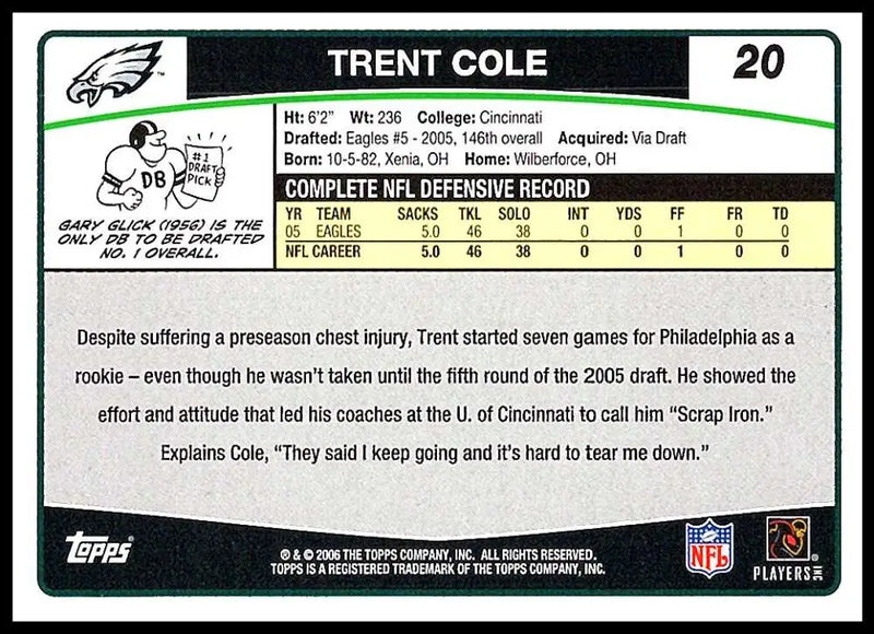 2006 Topps #20 Trent Cole NM-MT Philadelphia Eagles Football Card - Football Card Single