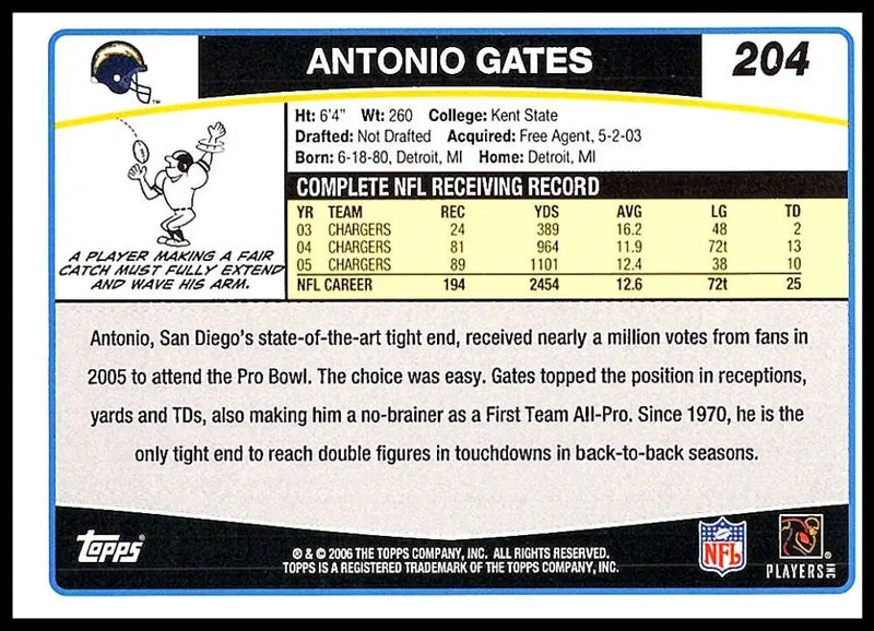 2006 Topps #204 Antonio Gates NM-MT San Diego Chargers Football Card - Football Card Single