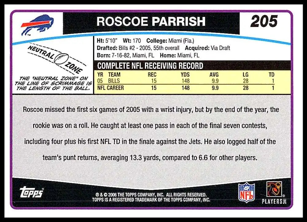 2006 Topps #205 Roscoe Parrish NM-MT Buffalo Bills Football Card - Football Card Single