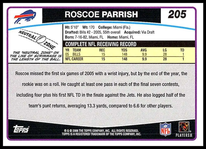 2006 Topps #205 Roscoe Parrish NM-MT Buffalo Bills Football Card - Football Card Single