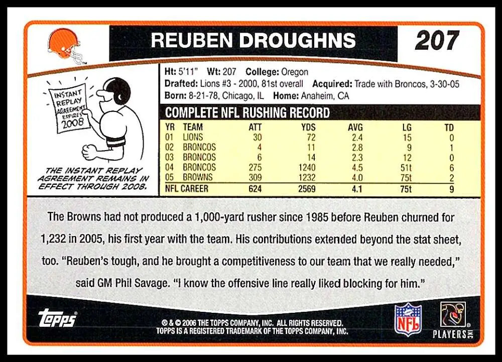 2006 Topps #207 Reuben Droughns NM-MT Cleveland Browns Football Card - Football Card Single