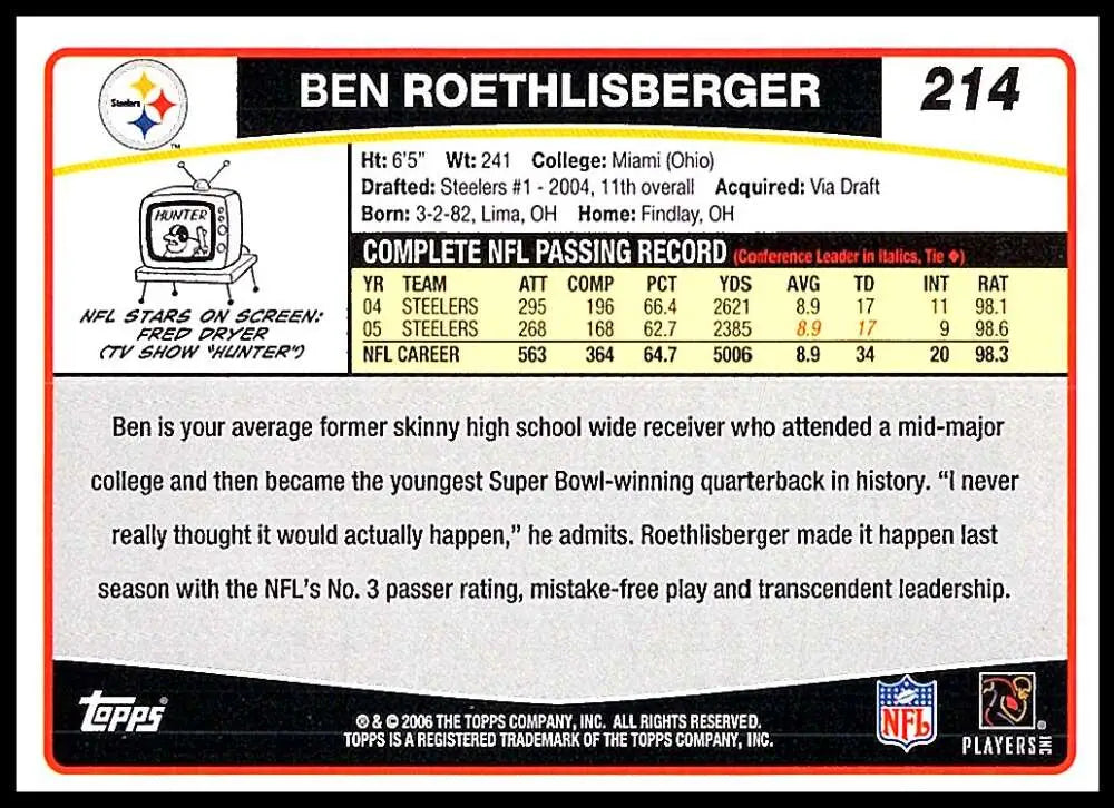 2006 Topps #214 Ben Roethlisberger NM-MT Pittsburgh Steelers Football Card - Football Card Single