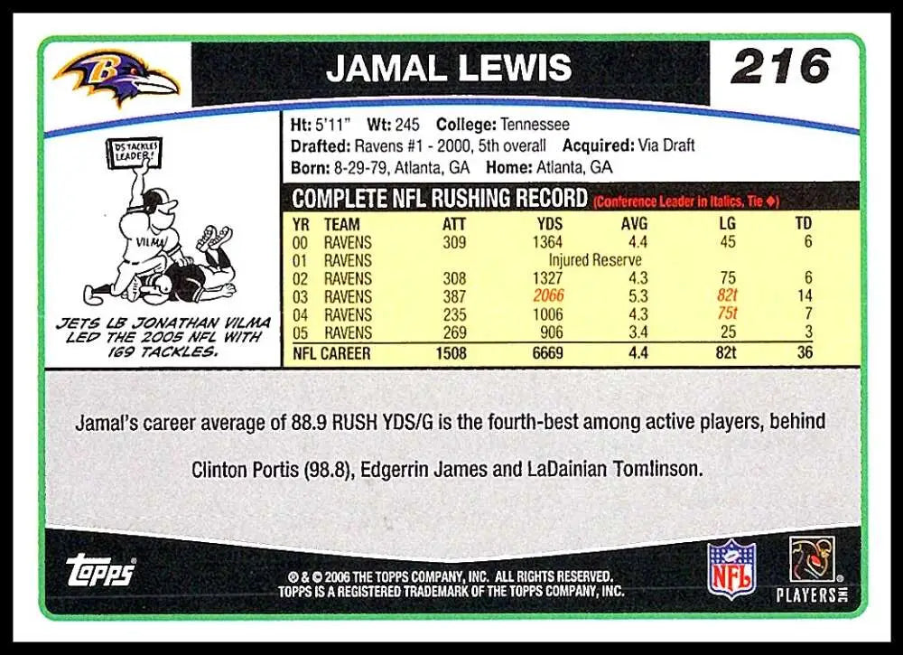2006 Topps #216 Jamal Lewis NM-MT Baltimore Ravens Football Card - Football Card Single