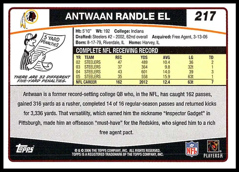 2006 Topps #217 Antwaan Randle El NM-MT Washington Redskins Football Card - Football Card Single