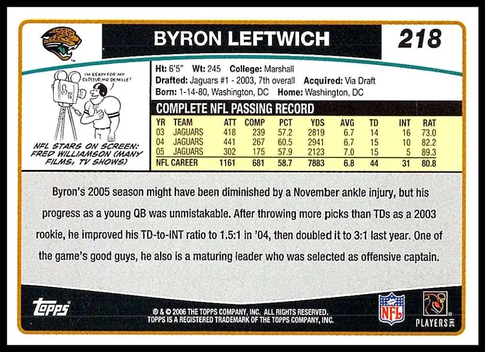 2006 Topps #218 Byron Leftwich NM-MT Jacksonville Jaguars Football Card - Football Card Single