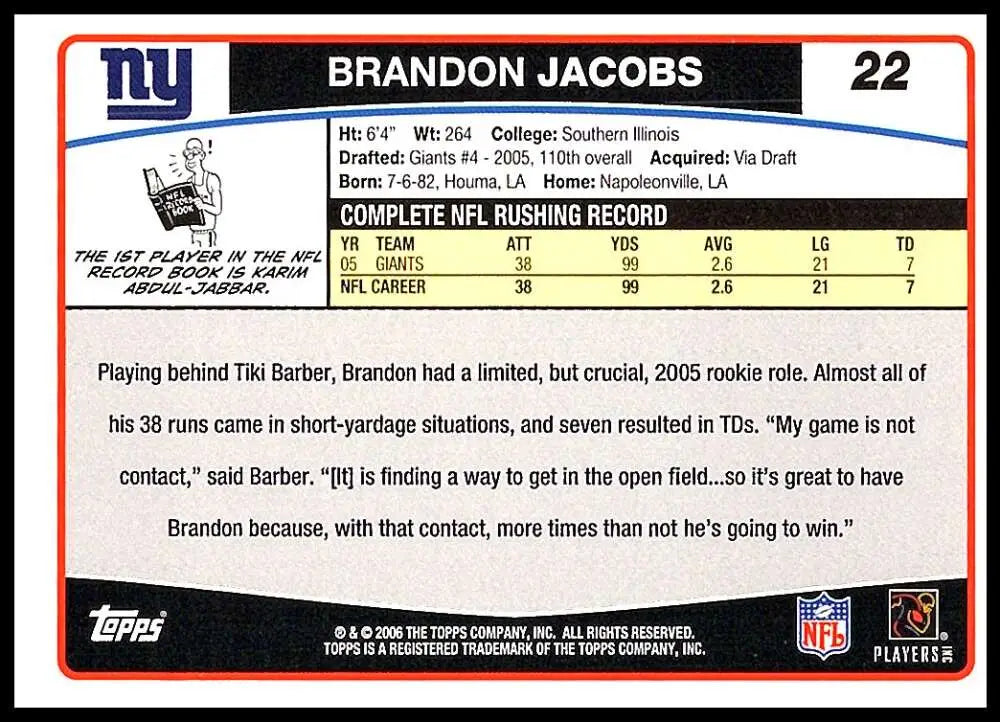 2006 Topps #22 Brandon Jacobs NM-MT New York Giants Football Card - Football Card Single